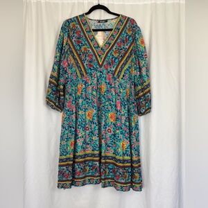 BTFBM A-Line Dress Size XL Bohemian Floral Paisley Cottagecore 100% Rayon NWT